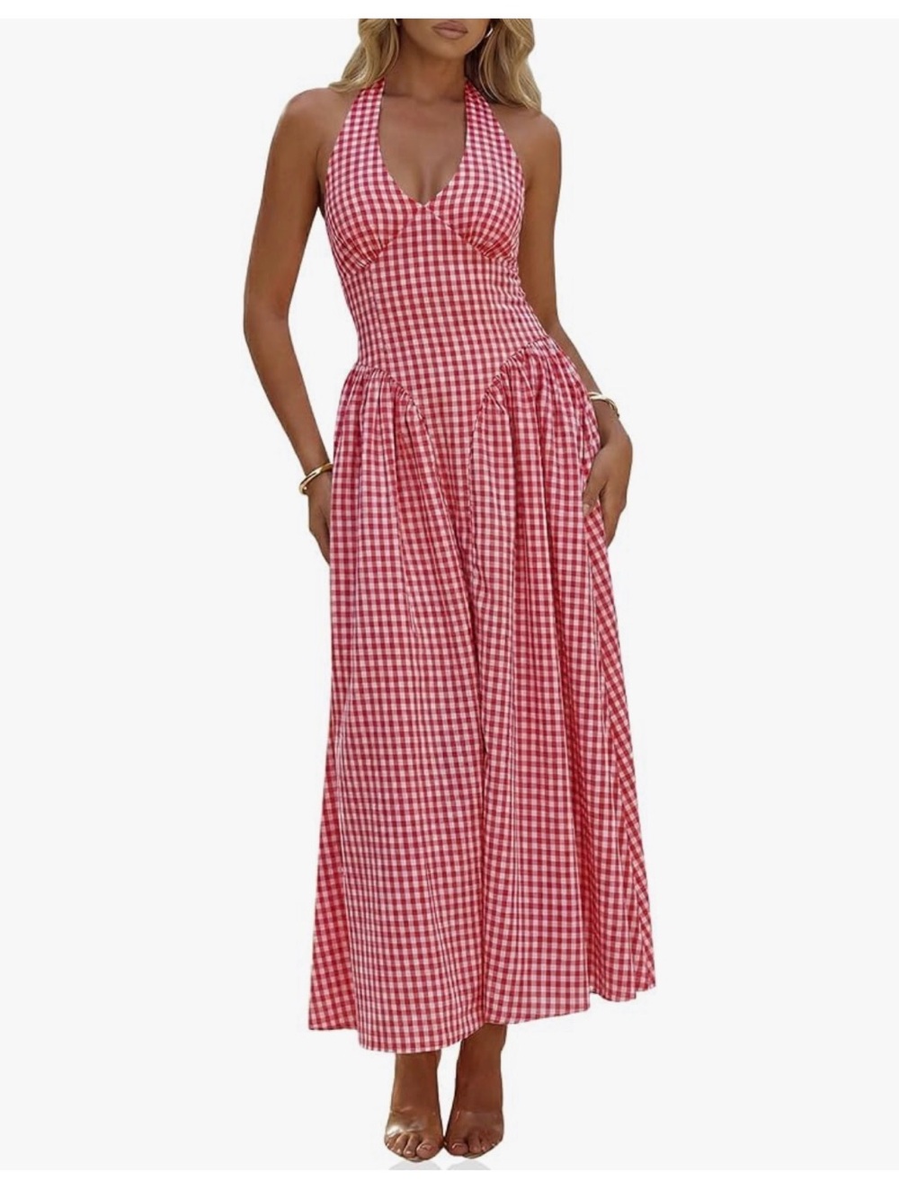 NWT Red Gingham Halter Maxi Dress-S